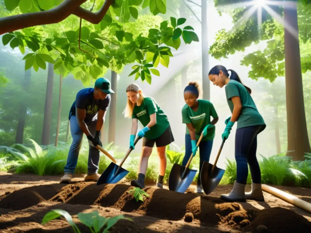 Estudiantes plantando árboles en un ecosistema vibrante, promoviendo la conservación ecosistemas locales