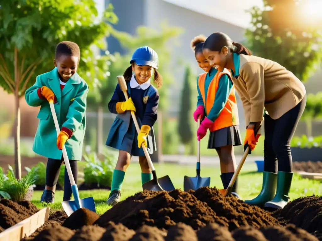 Estudiantes plantando árboles en un jardín escolar, promoviendo proyectos ecológicos escolares sostenibles con alegría y determinación