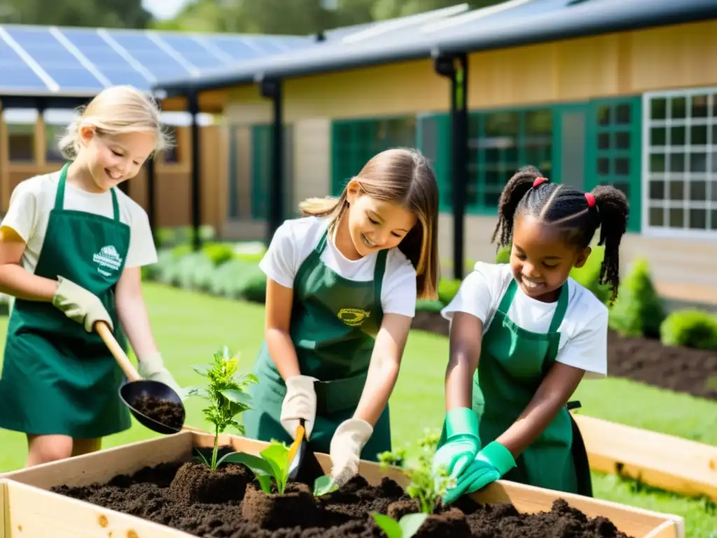 Estudiantes plantan árboles y flores en jardín escolar, irradiando esperanza y transformación ecológica en escuelas