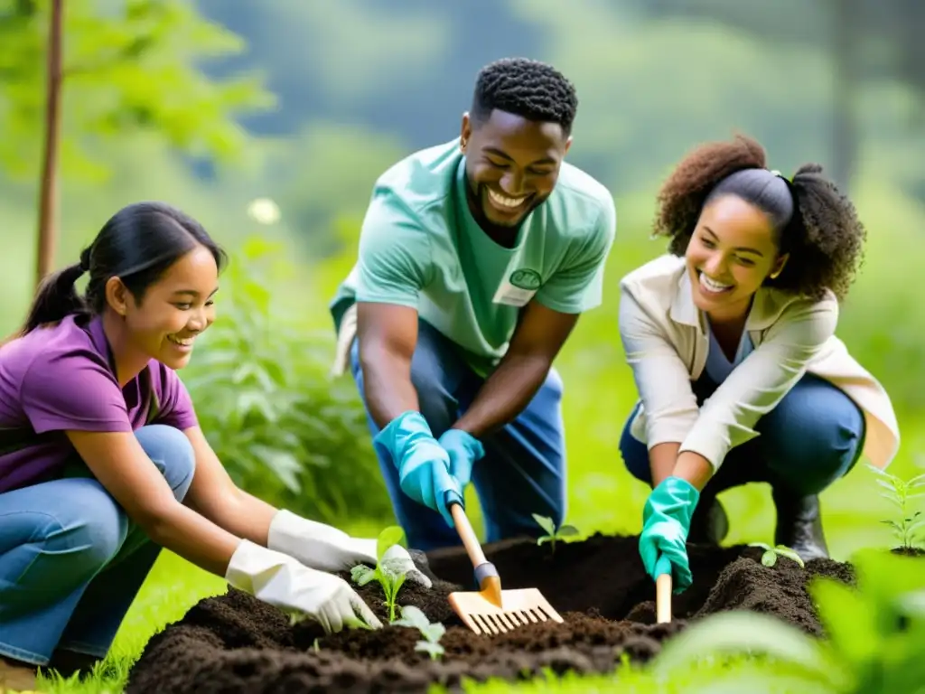 Estudiantes plantando árboles en un prado soleado, conservación ecosistemas locales