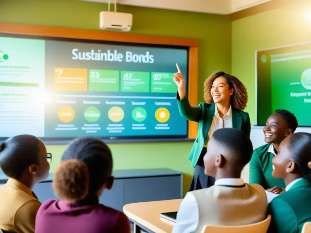 Estudiantes atentos aprendiendo sobre inversiones sostenibles para educación financiera en aula iluminada