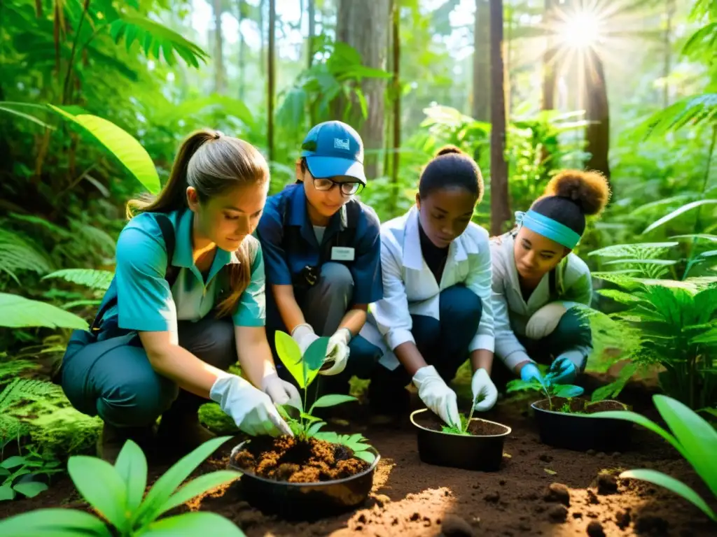 Estudiantes realizando investigación de campo en un ecosistema biodiverso, aplicando becas gestión ecosistemas cambio climático