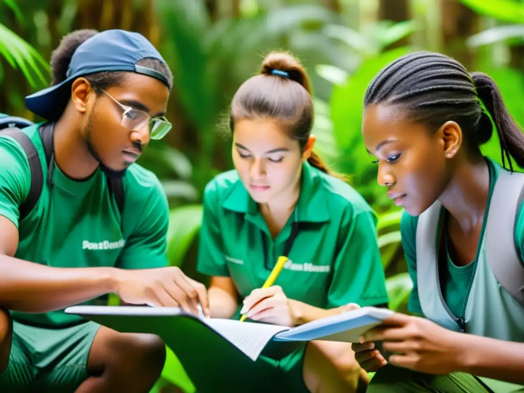 Estudiantes realizando investigación de campo en una exuberante selva