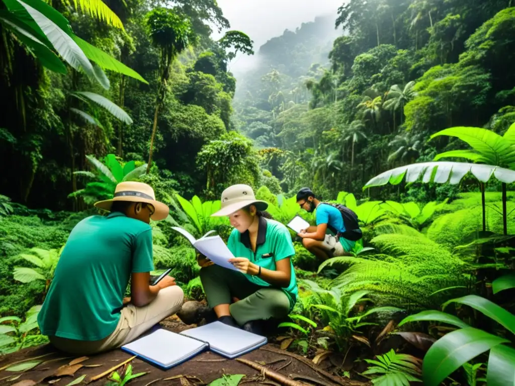 Estudiantes de ciencias ambientales realizan investigación de campo en una exuberante selva, promoviendo el manejo sostenible de recursos naturales