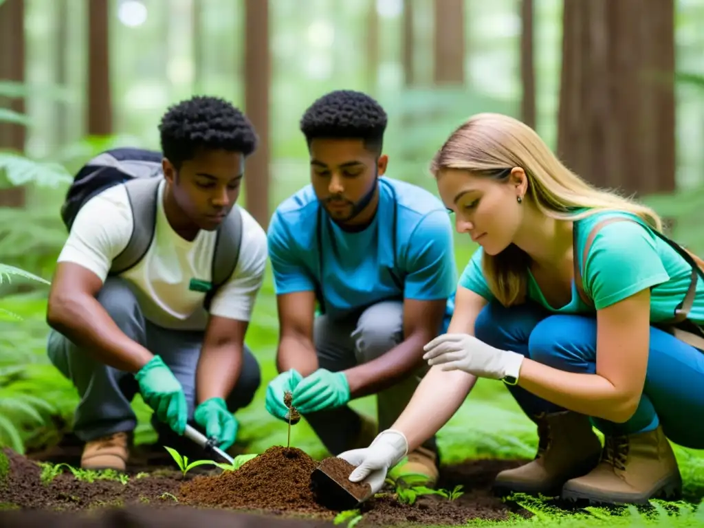 Estudiantes de ciencias ambientales colaborando en un estudio de campo, promoviendo equidad en carreras ambientales