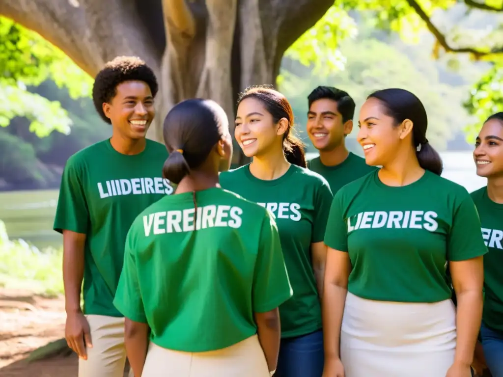 Estudiantes en círculo bajo árbol, debaten con entusiasmo sobre formación en liderazgo ambiental para estudiantes en bosque exuberante y río sereno