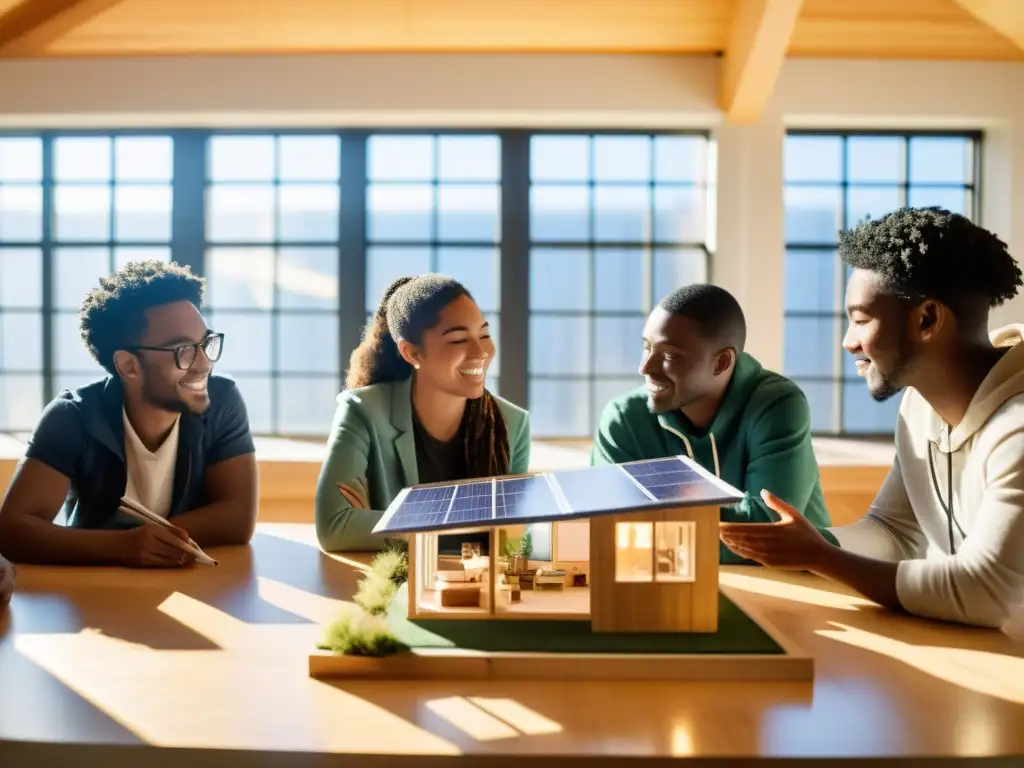 Estudiantes en clase de arquitectura sostenible colaboran en proyectos verdes