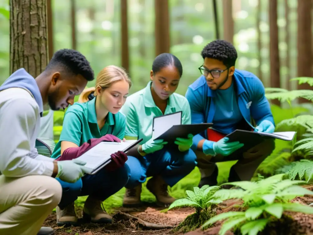 Estudiantes comprometidos con la conservación de ecosistemas locales, investigando la flora y fauna en un exuberante bosque