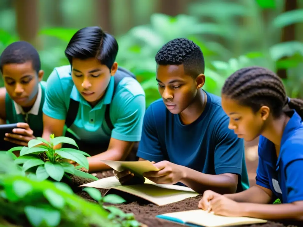 Estudiantes comprometidos en gamificación en la enseñanza de ecosistemas, explorando y aprendiendo en un entorno natural vibrante