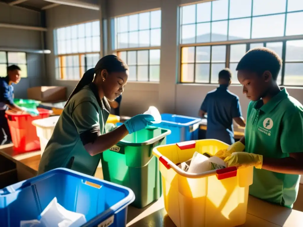 Estudiantes comprometidos reciclando en la escuela, ejemplo inspirador de reciclaje en escuelas