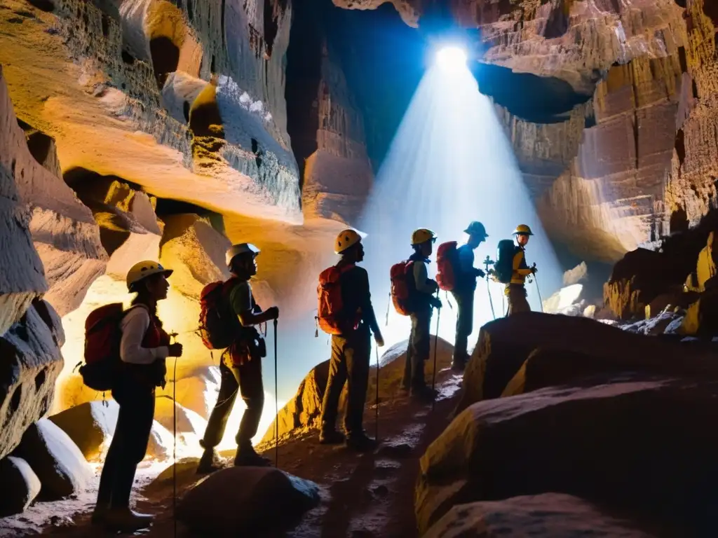 Estudiantes explorando una cueva oscura con cascos y linternas, maravillados por sus formaciones rocosas y minerales brillantes