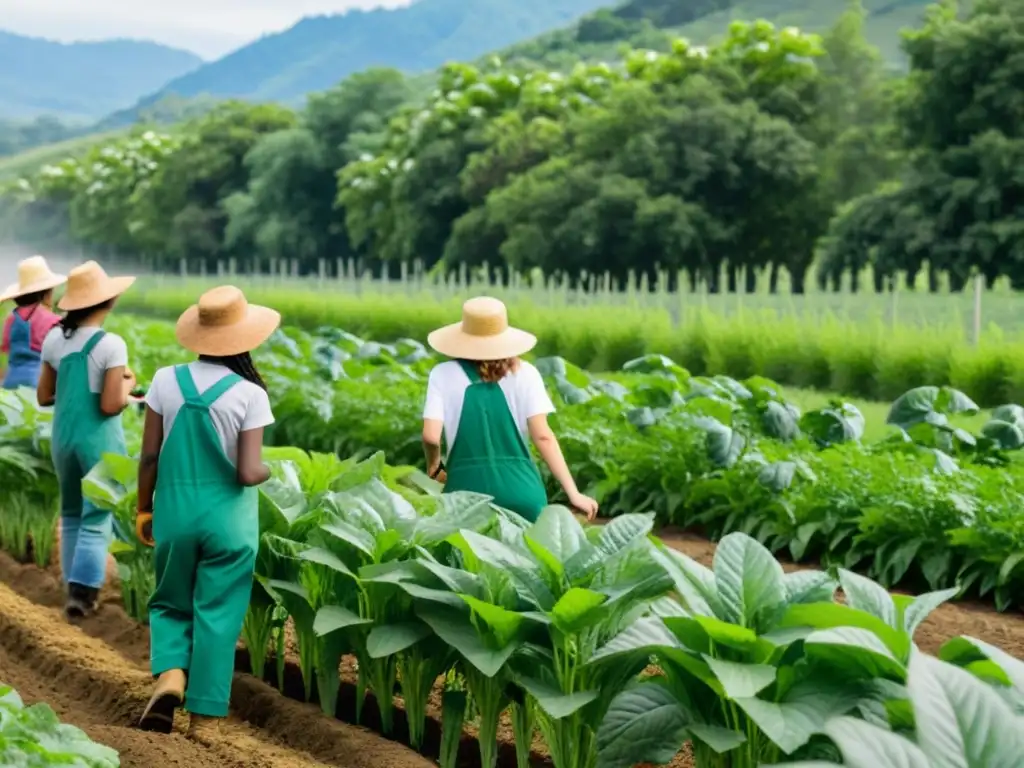 Estudiantes de educación agrícola cuidando cultivos en un campo verde, promoviendo la conservación de ecosistemas