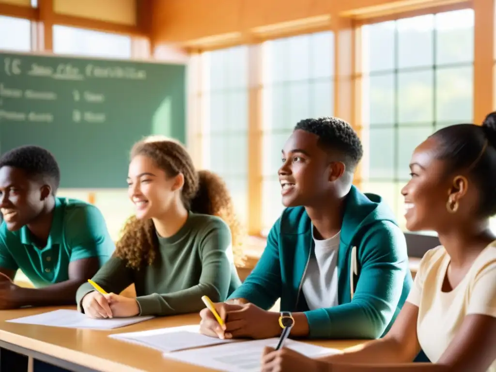 Estudiantes participan en un debate escolar sobre problemas ambientales con energía y pasión, rodeados de material educativo