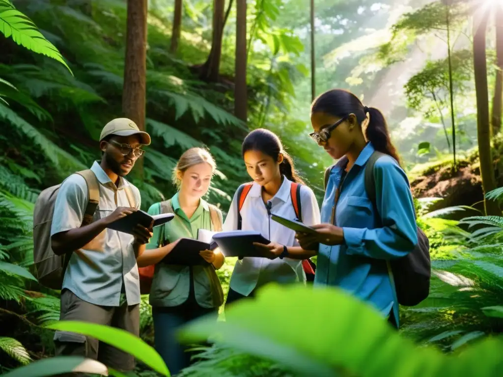 Estudiantes realizando investigación ecológica en un denso bosque, promoviendo el manejo sostenible de recursos naturales