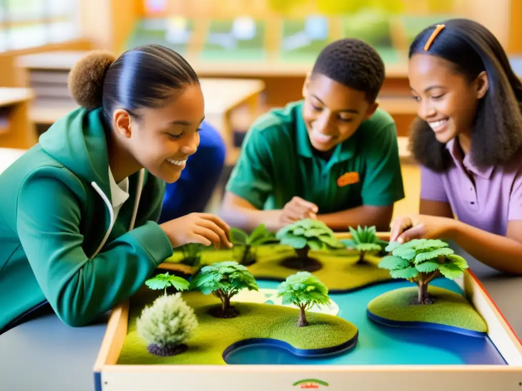 Estudiantes participan en discusión sobre modelos de ecosistemas para educación ambiental en aula iluminada