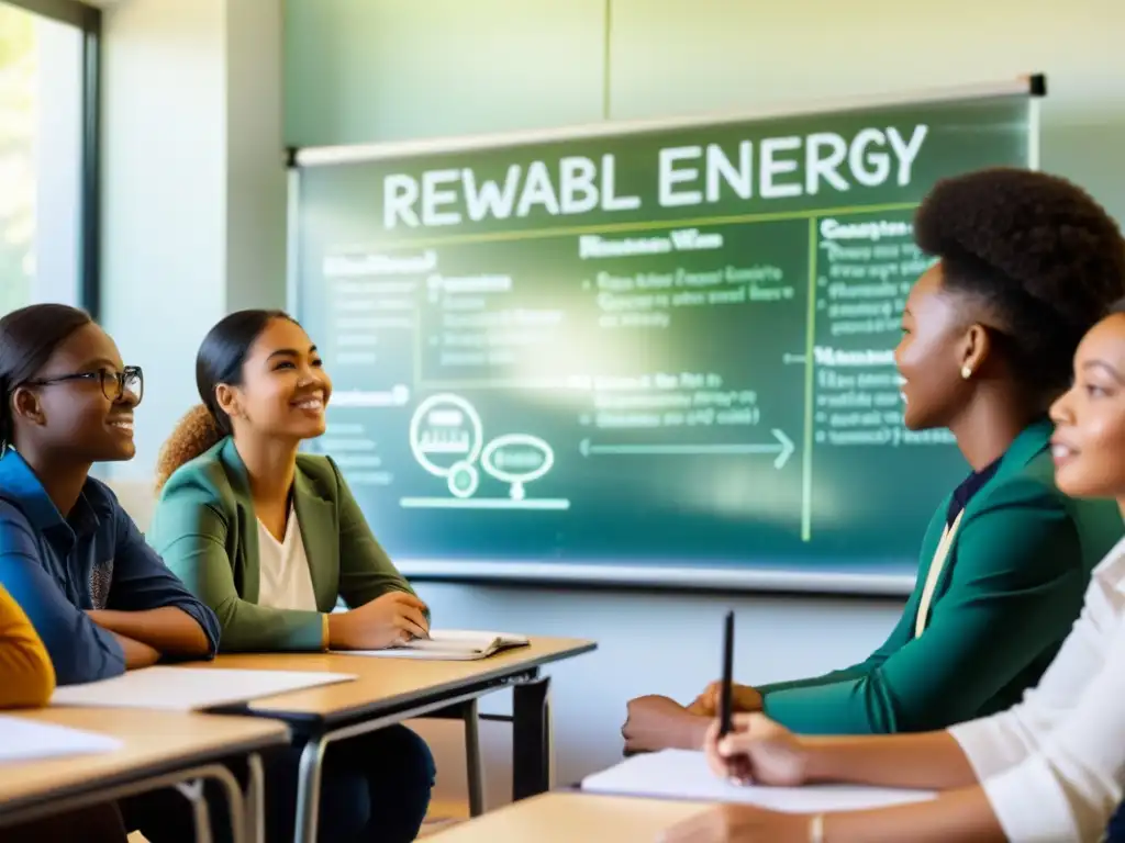 Estudiantes colaboran en discusión sobre sostenibilidad con gráficos y luz solar