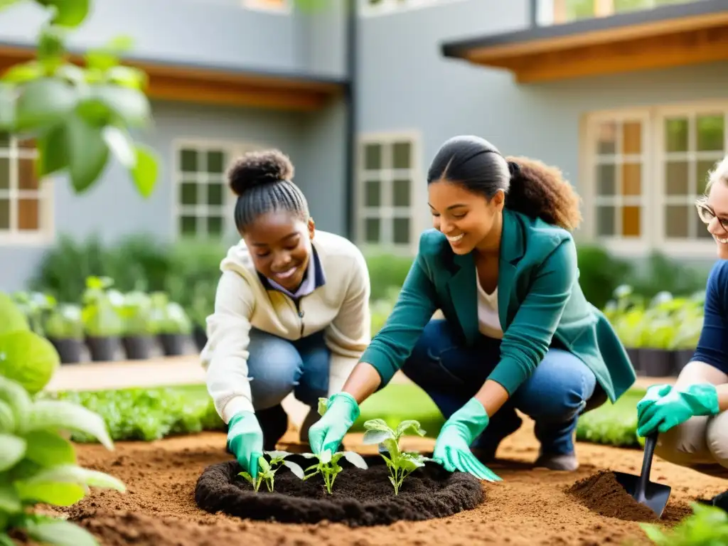 Estudiantes diversidad plantando en jardín escolar, integración educación ambiental plan