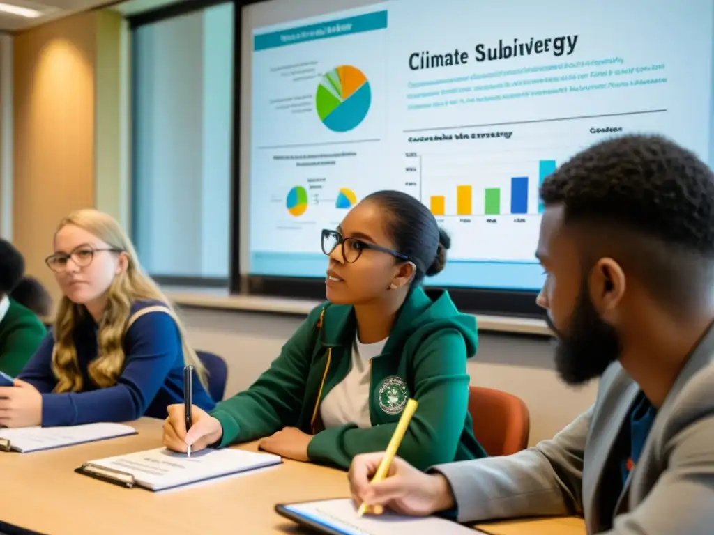 Estudiantes diversificados debatiendo apasionadamente sobre cómo abordar el cambio climático en un aula llena de esperanza y energía renovable