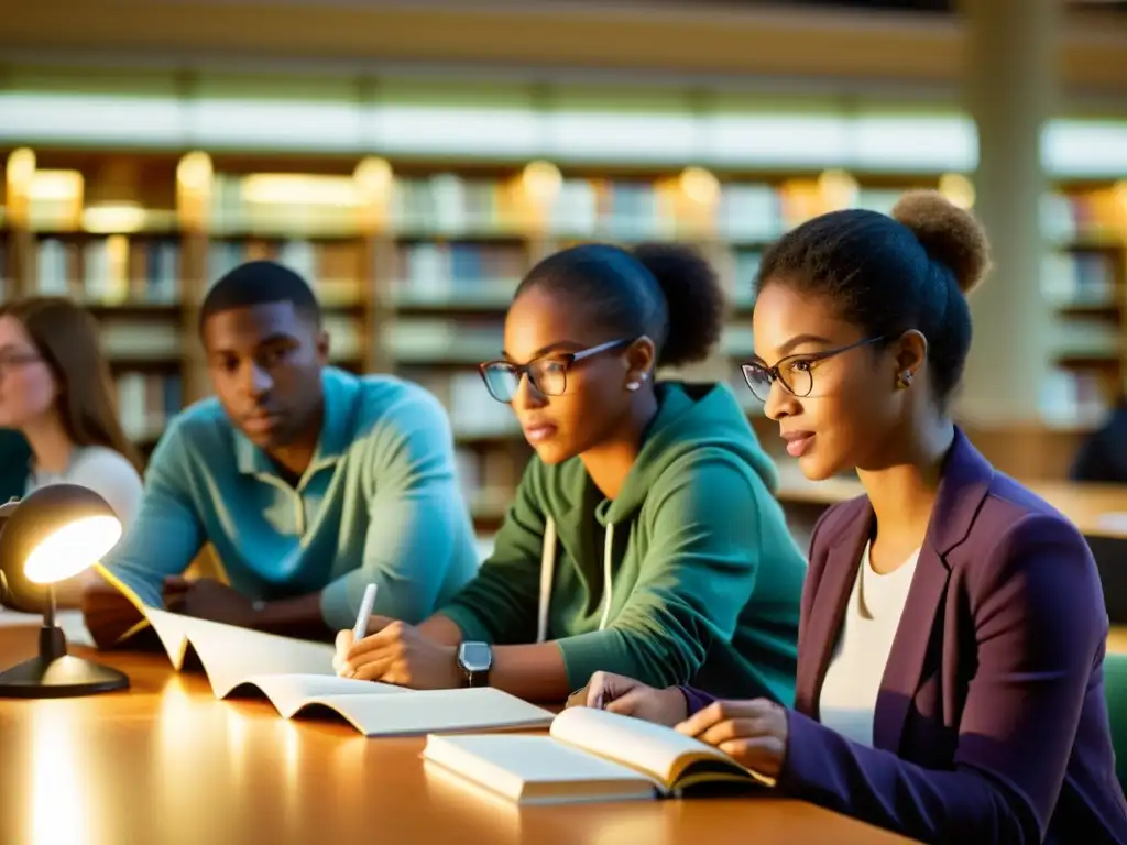 Estudiantes diversificados colaboran en proyectos de Ciencias Ambientales en bulliciosa biblioteca universitaria, rodeados de libros