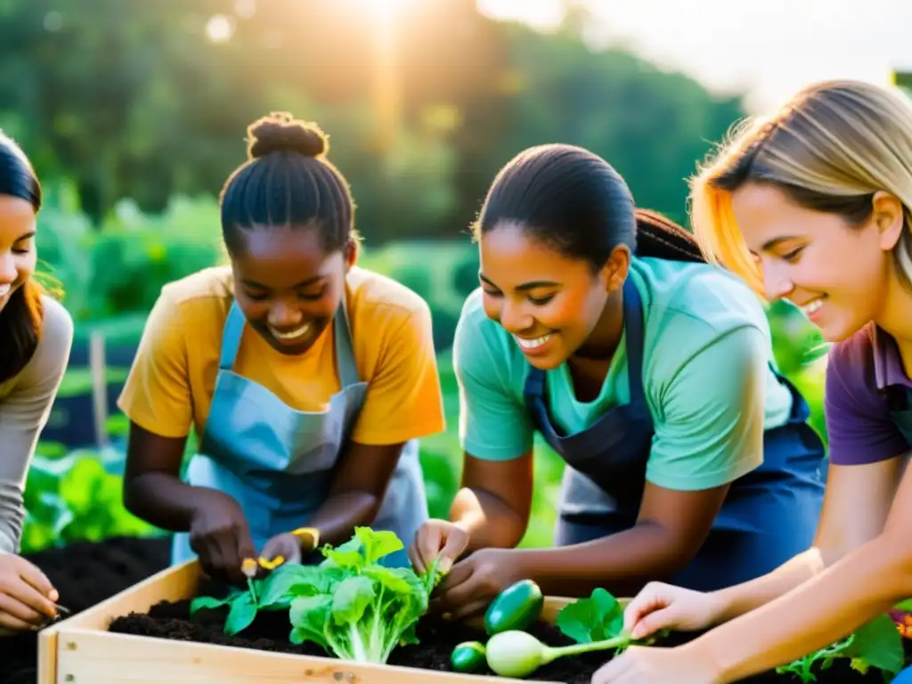 Estudiantes divers@s trabajan en huerto sostenible al atardecer, aprendiendo sobre agricultura sostenible y consumo consciente