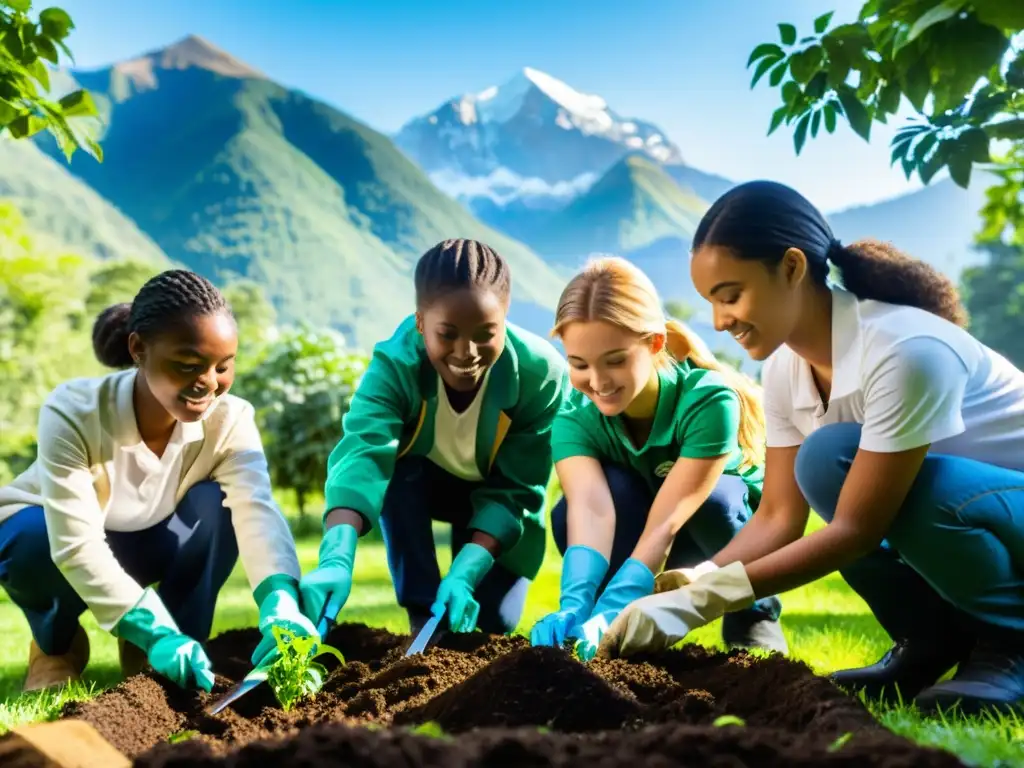 Estudiantes diversxs plantan árboles en un bosque, bajo el sol