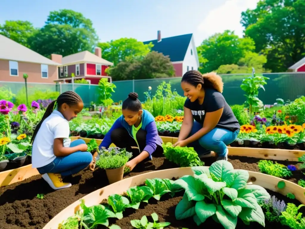 Estudiantes de diversas edades cuidando un vibrante jardín comunitario, integración de ecología en educación multidisciplinaria