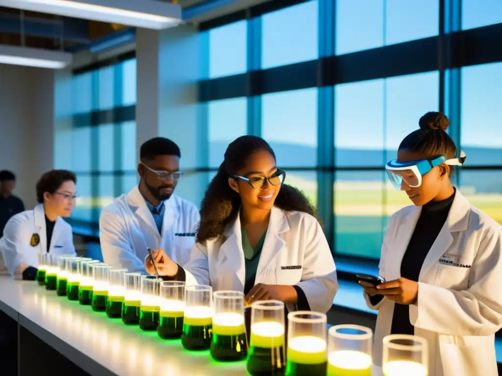 Estudiantes diversos investigan energías renovables en un laboratorio avanzado, reflejando oportunidades de carrera en innovación sostenible