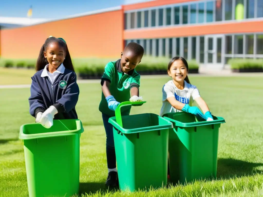 Estudiantes entusiastas promoviendo iniciativas de reciclaje en escuelas, recogiendo basura con alegría en el patio escolar soleado