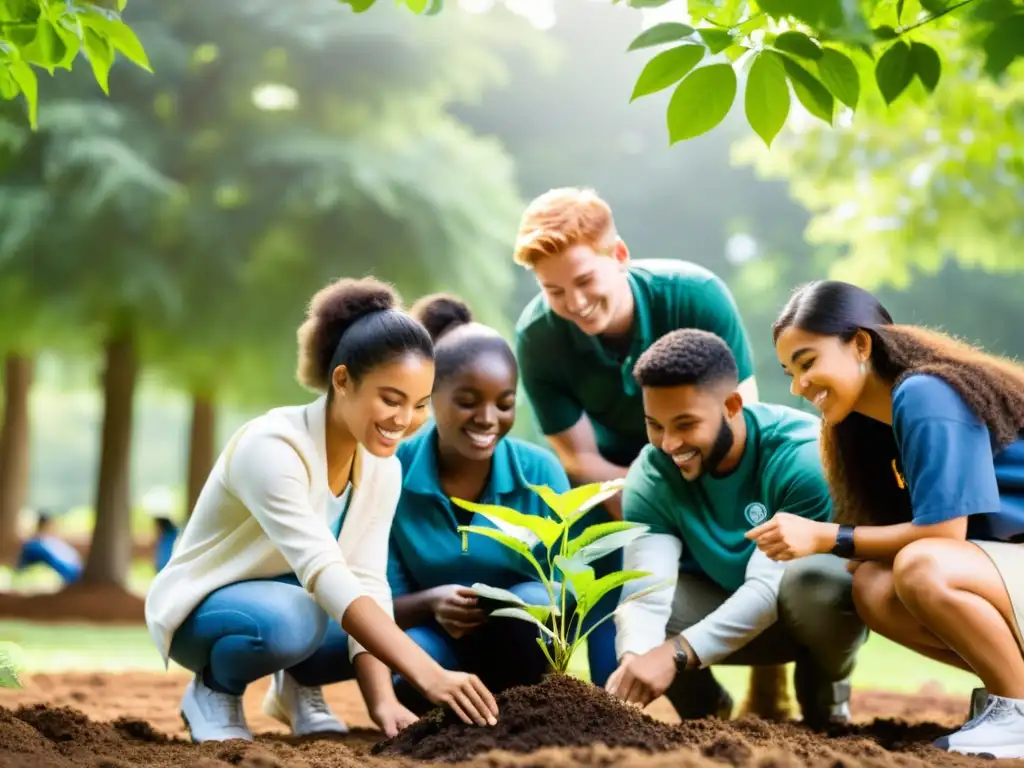 Estudiantes promoviendo equidad en carreras ambientales al plantar árboles juntos en un proyecto de conservación, mostrando colaboración y diversidad