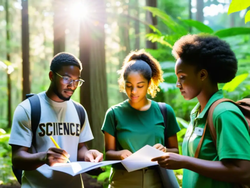 Estudiantes diversos promoviendo equidad en carreras ambientales mientras colaboran en un proyecto de ciencias ambientales en un bosque exuberante