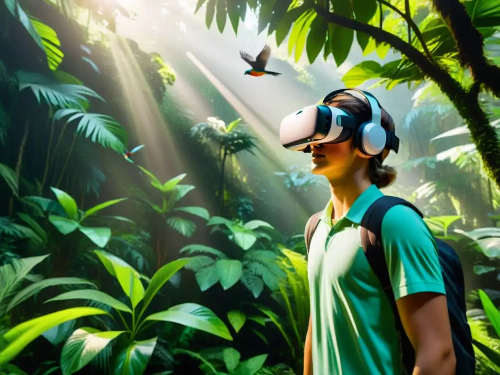 Estudiantes disfrutan de una experiencia educativa inmersiva de Realidad Virtual en una selva tropical exuberante