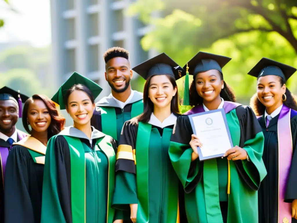 Estudiantes graduados diversos celebran logros académicos en campus universitario, promoviendo equidad en carreras ambientales