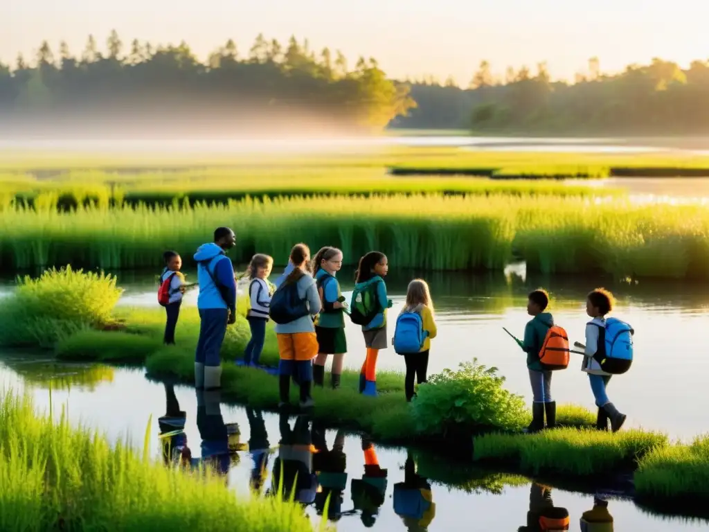 Estudiantes explorando humedal al amanecer con educador