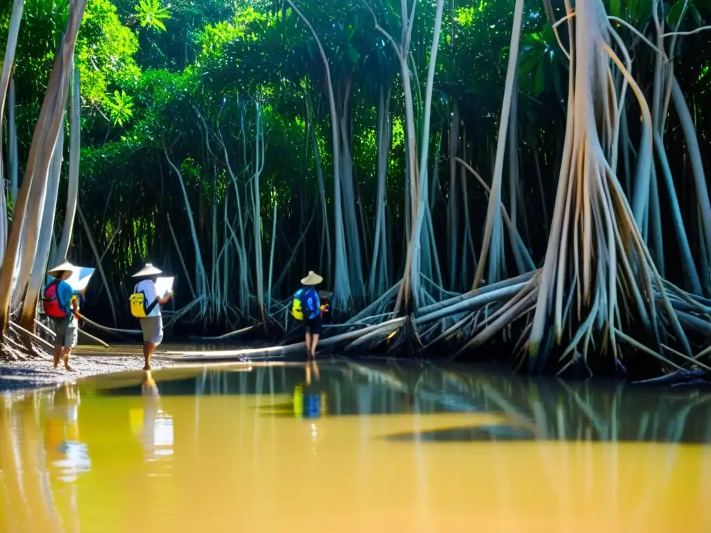 Estudiantes y guía exploran manglar, resaltando la importancia de los tours educativos en estos ecosistemas acuáticos