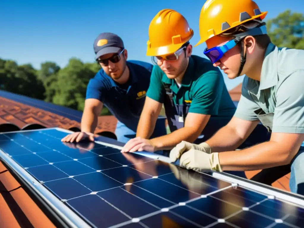 Estudiantes trabajando en instalación de paneles solares, desarrollando competencias para carrera en sostenibilidad