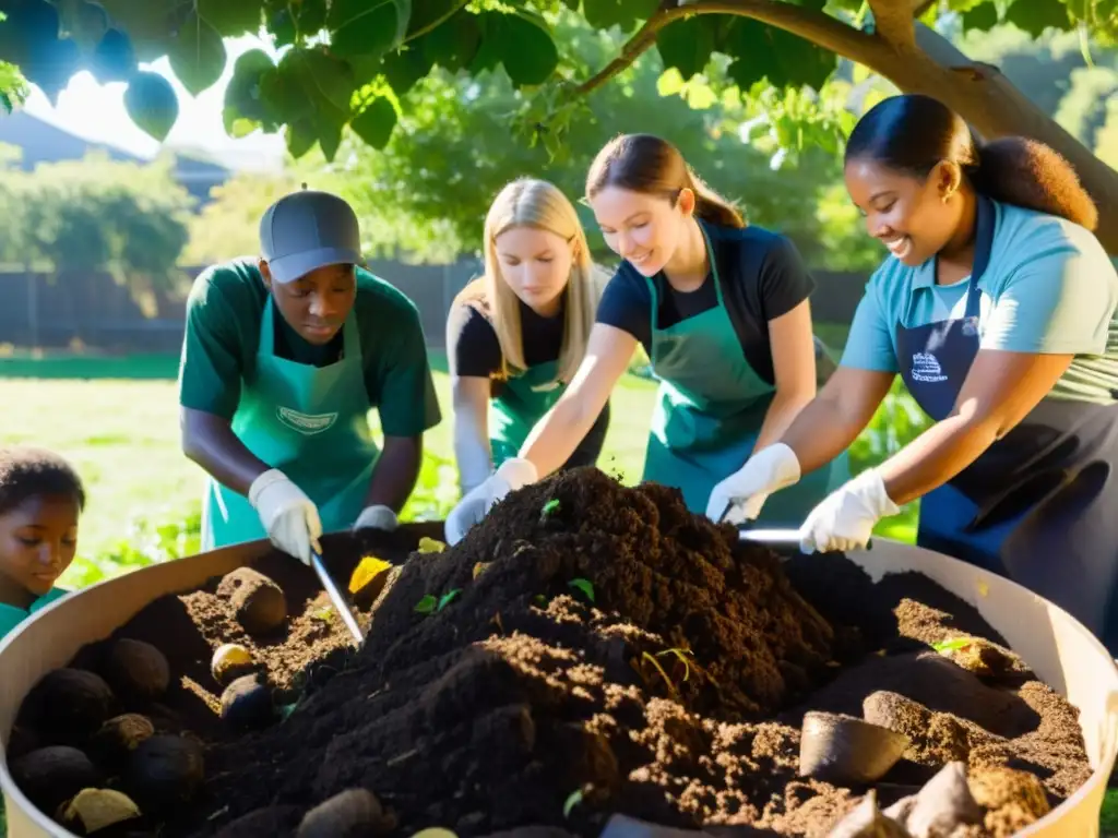 Estudiantes trabajan juntos en compostaje en un jardín escolar