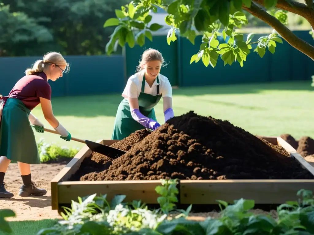 Estudiantes y maestro compostando en el jardín escolar