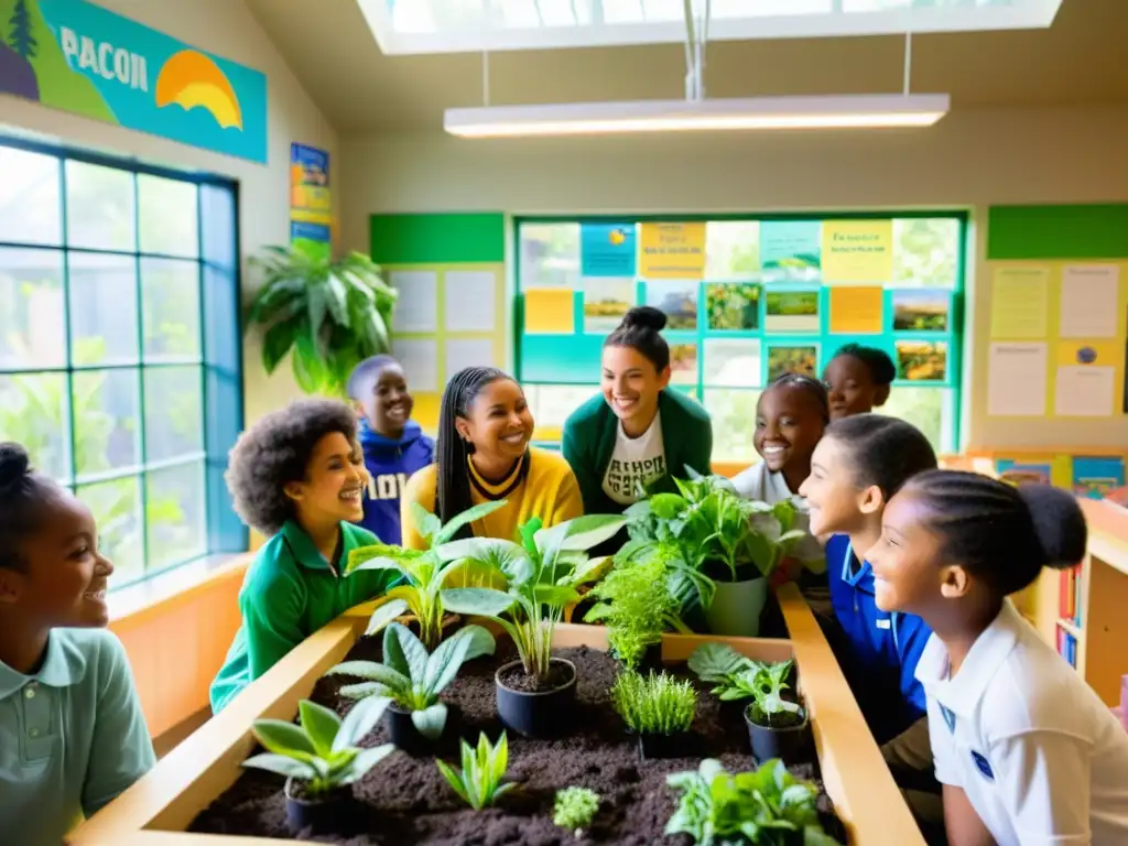 Clase vibrante: Cultivando la sostenibilidad juntos Estudiantes y maestro rodean un próspero jardín en aula