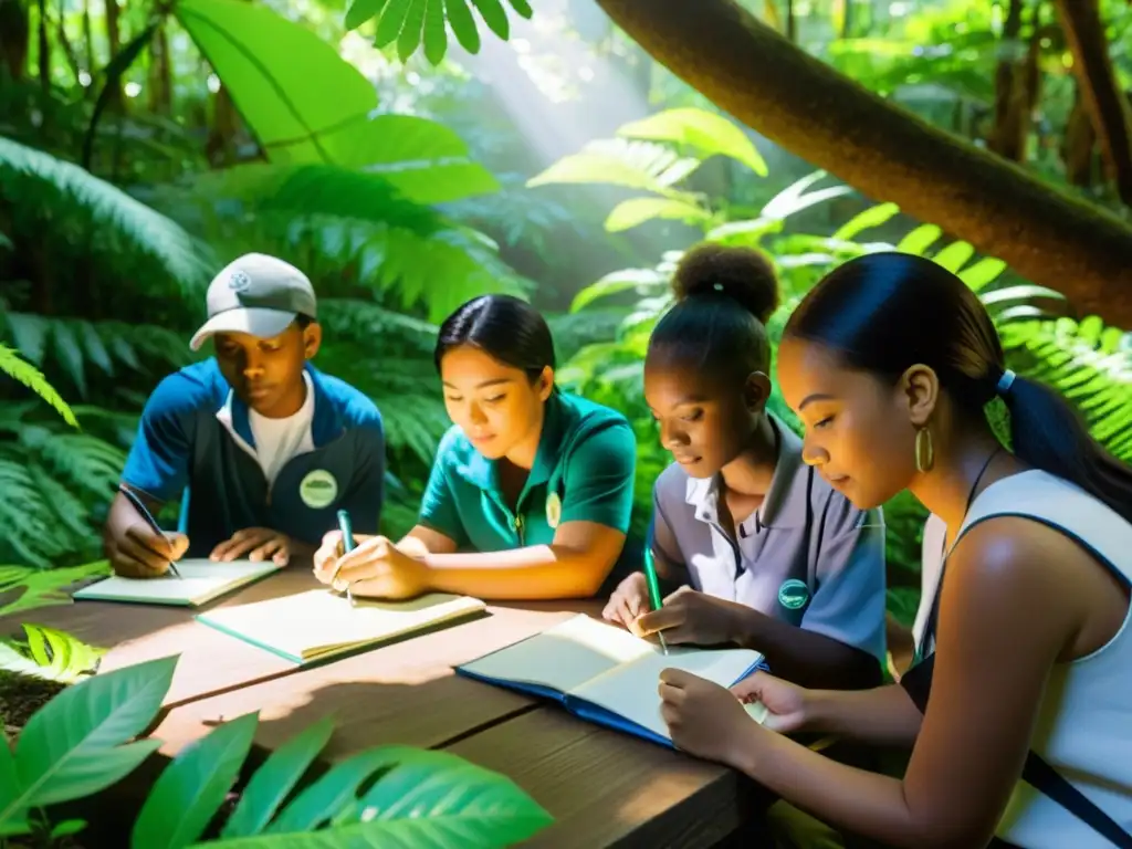 Estudiantes y maestros en un aula al aire libre, explorando la biodiversidad