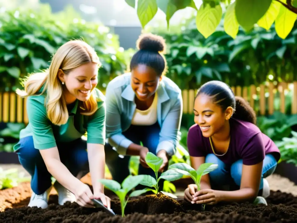 Estudiantes y maestros colaboran en un jardín escolar, integrando educación sostenible al currículum mientras exploran la naturaleza y la tierra