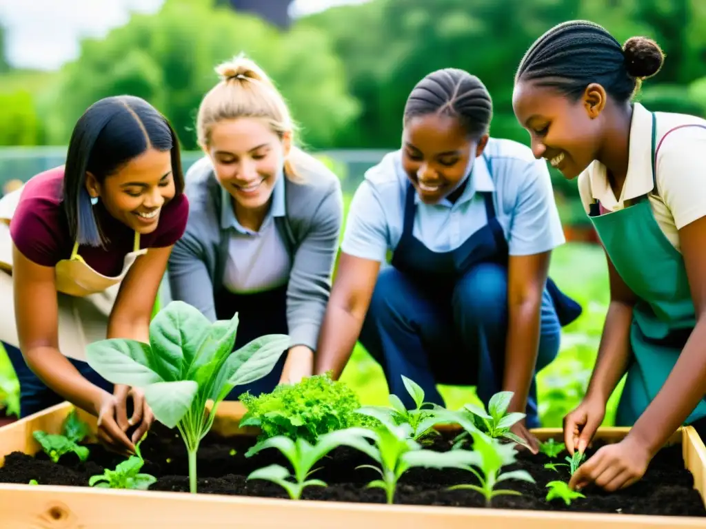 Estudiantes y maestros trabajando en proyectos ecológicos escolares sostenibles en un jardín escolar vibrante