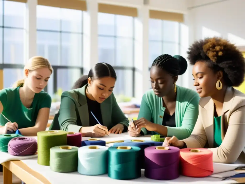 Estudiantes diseñando moda sostenible rodeados de telas ecológicas