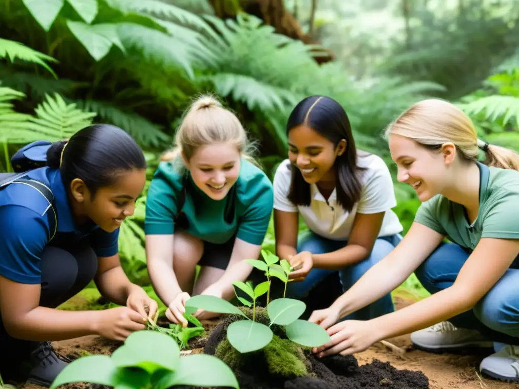 Estudiantes interactúan con modelos de ecosistemas para educación ambiental en un entorno natural, mostrando entusiasmo y aprendizaje