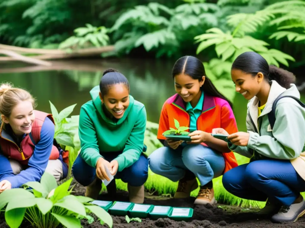 Estudiantes exploran la naturaleza en Aulas Abiertas Educación Ambiental, realizando experimentos y recolectando muestras con entusiasmo