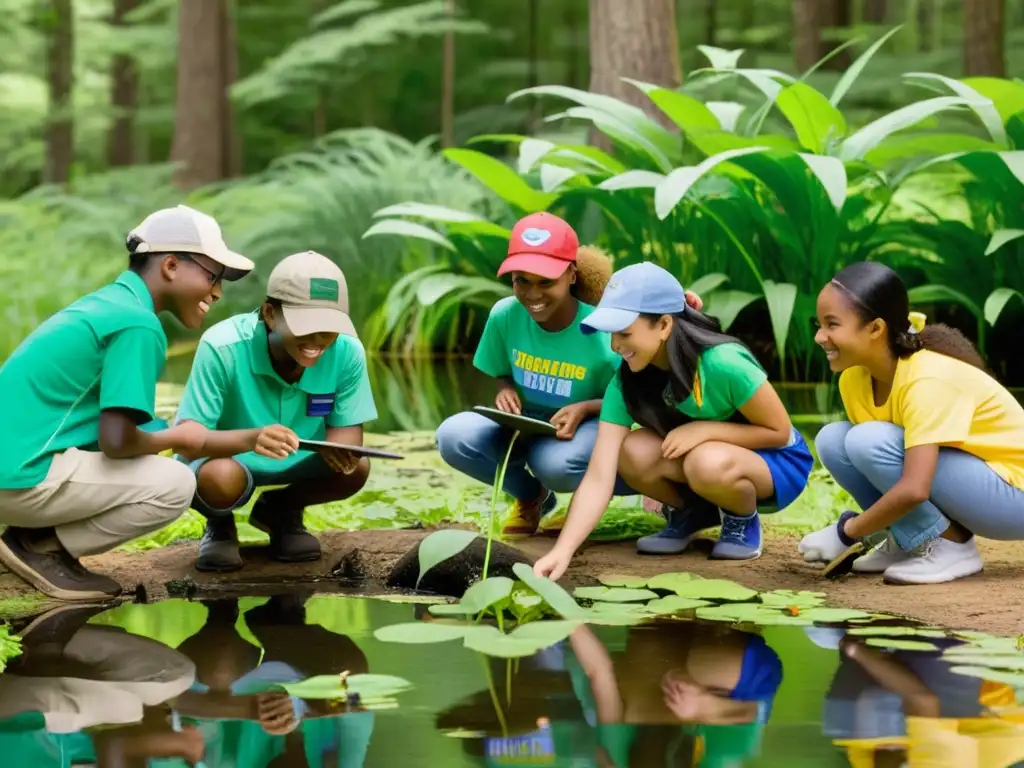 Estudiantes exploran la naturaleza con estrategias educación ambiental ecosistemas, mostrando curiosidad y asombro