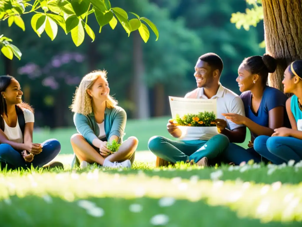 Estudiantes cuidan plantas mientras aprenden sobre inversiones sostenibles para educación financiera en un ambiente natural y colaborativo