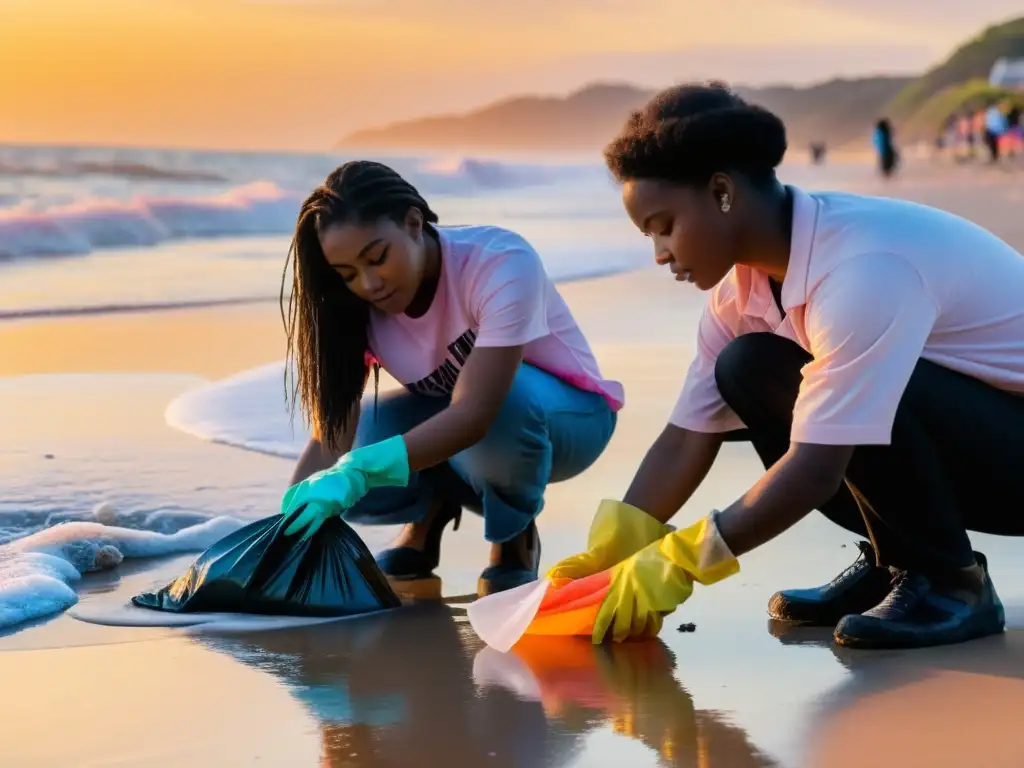 Estudiantes limpiando una playa al atardecer, reflejando conciencia ambiental y esfuerzo colectivo contra el cambio climático