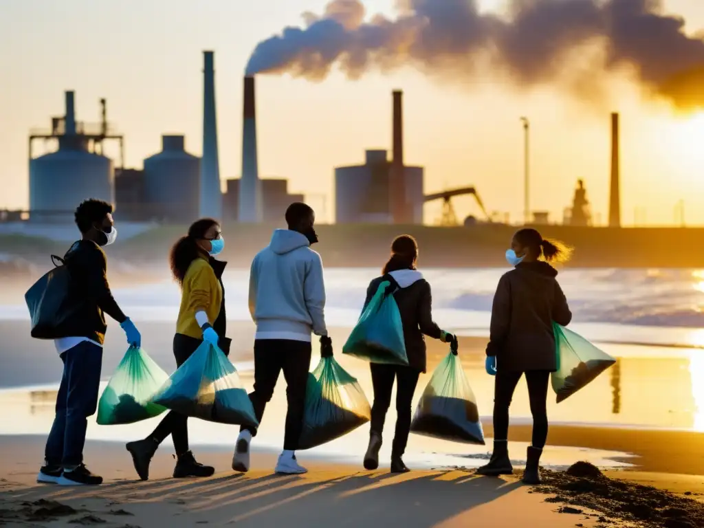 Estudiantes limpiando playa al amanecer, unidos para reducir contaminación