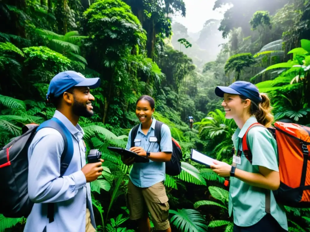 Estudiantes de posgrado realizan investigación de campo en un exuberante bosque tropical