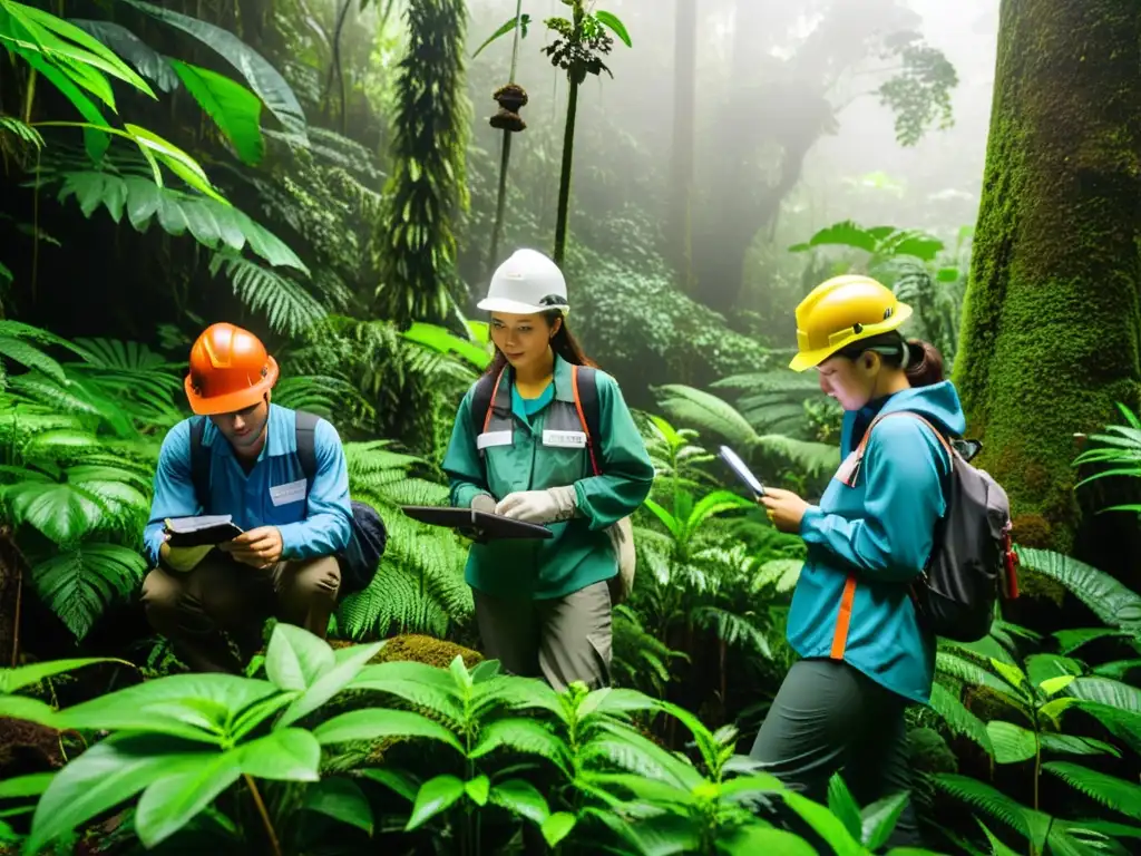 Estudiantes de postgrado en gestión ambiental realizan investigación de campo en la exuberante selva, tomando muestras de suelo y analizando especies vegetales, inmersos en la preservación ecológica